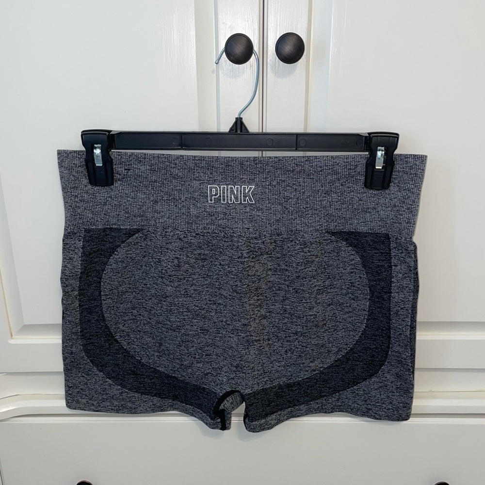 Heather gray stretchy seamless 3” high waist sport shorts—Victoria’s Secret PINK